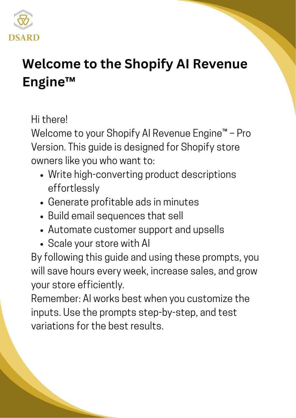 DSARD AI Prompts for Product Descriptions Shopify – ChatGPT Prompts for Ecommerce Store & Dropshipping