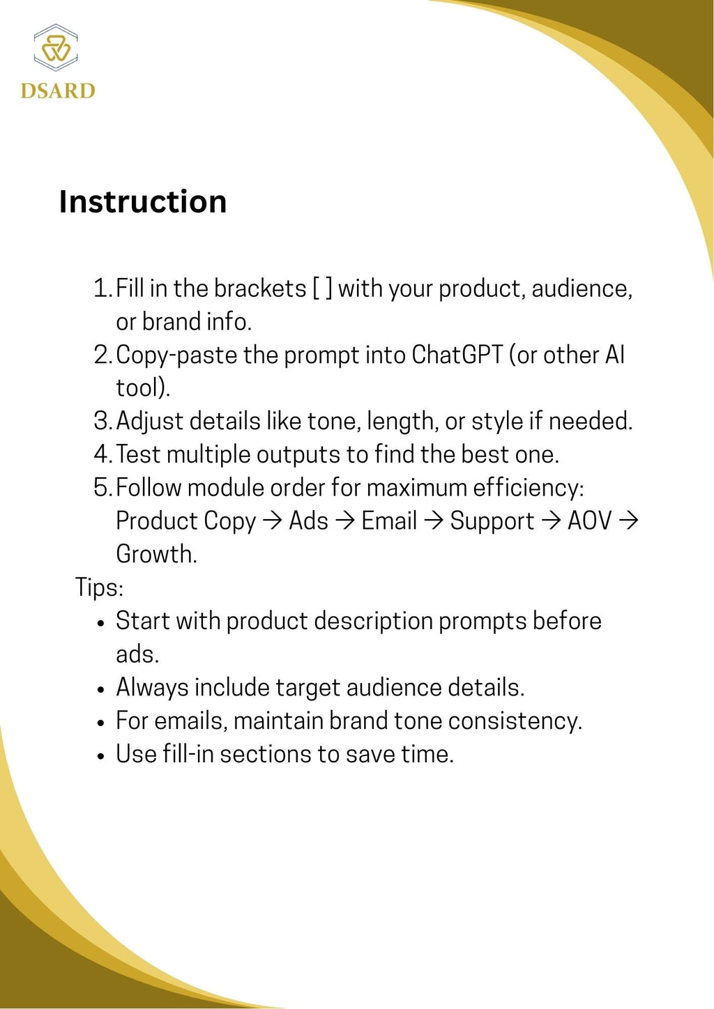 DSARD AI Prompts for Product Descriptions Shopify – ChatGPT Prompts for Ecommerce Store & Dropshipping