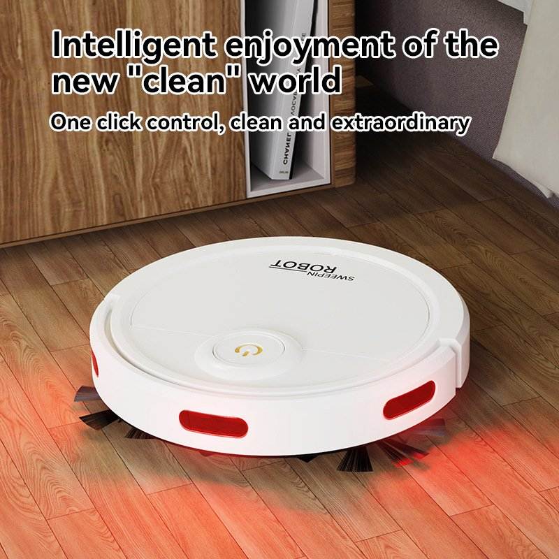Robotic vacuum cleaner on a wooden floor with text about its features.