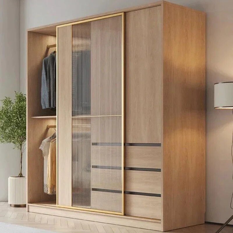 Handleless wardrobe flat panel matte finish open interior showing adjustable shelves and hanging rod