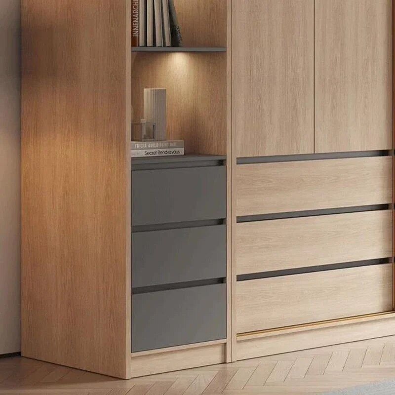 Minimalist bedroom wardrobe with drawers Nordic interior neutral linen bedding organized storage