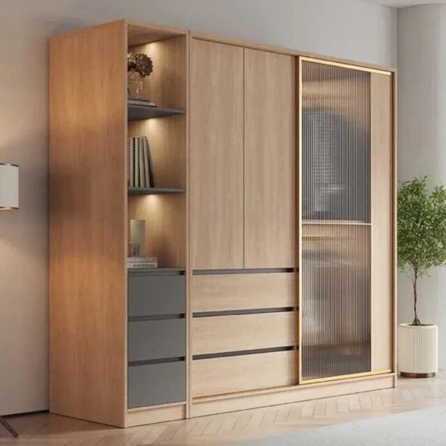 Modular wardrobe with sliding doors white matte finish styled in minimalist Nordic bedroom interior