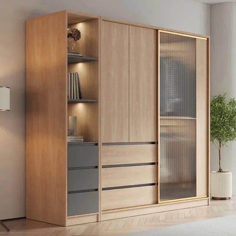 Modular wardrobe with sliding doors white matte finish styled in minimalist Nordic bedroom interior